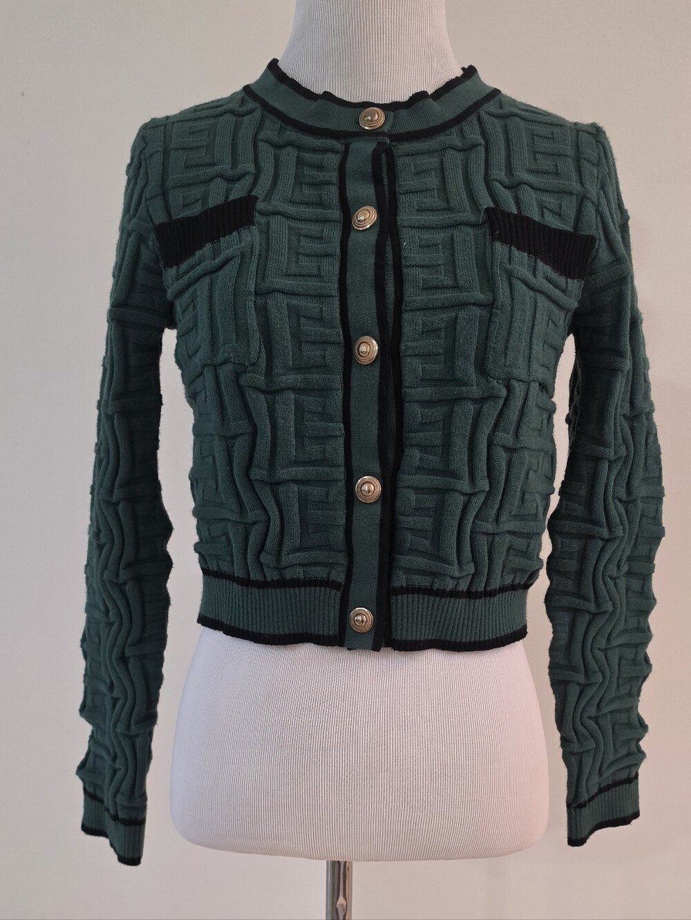 Textured Emerald Green Knit Cardigan with Gold Buttons